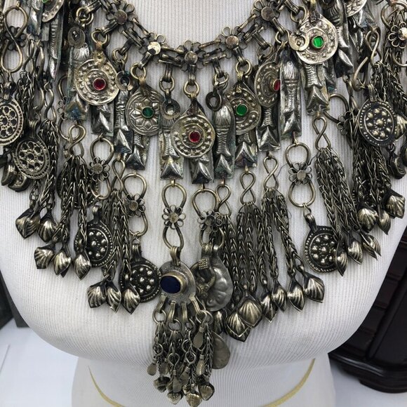 Silver Kuchi Dangling Tassels Oversized Necklace, Ethnic Handmade - Picture 3 of 5